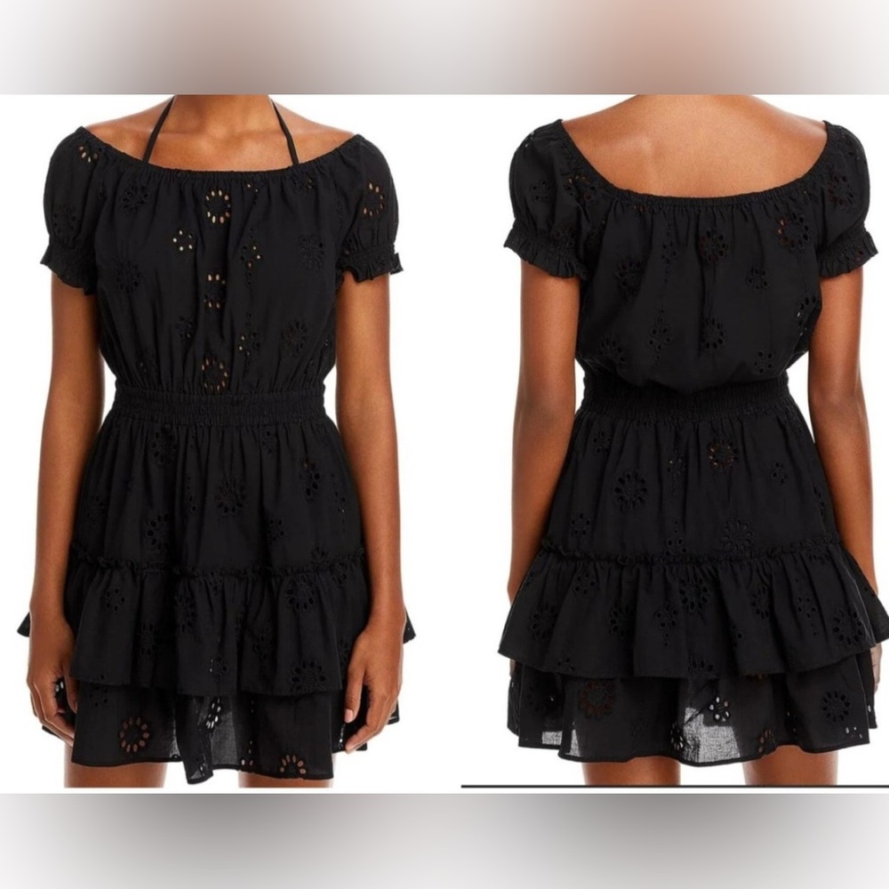 AQUA | black tiered eyelet summer dress / swimwear cover up - Picture 12 of 14